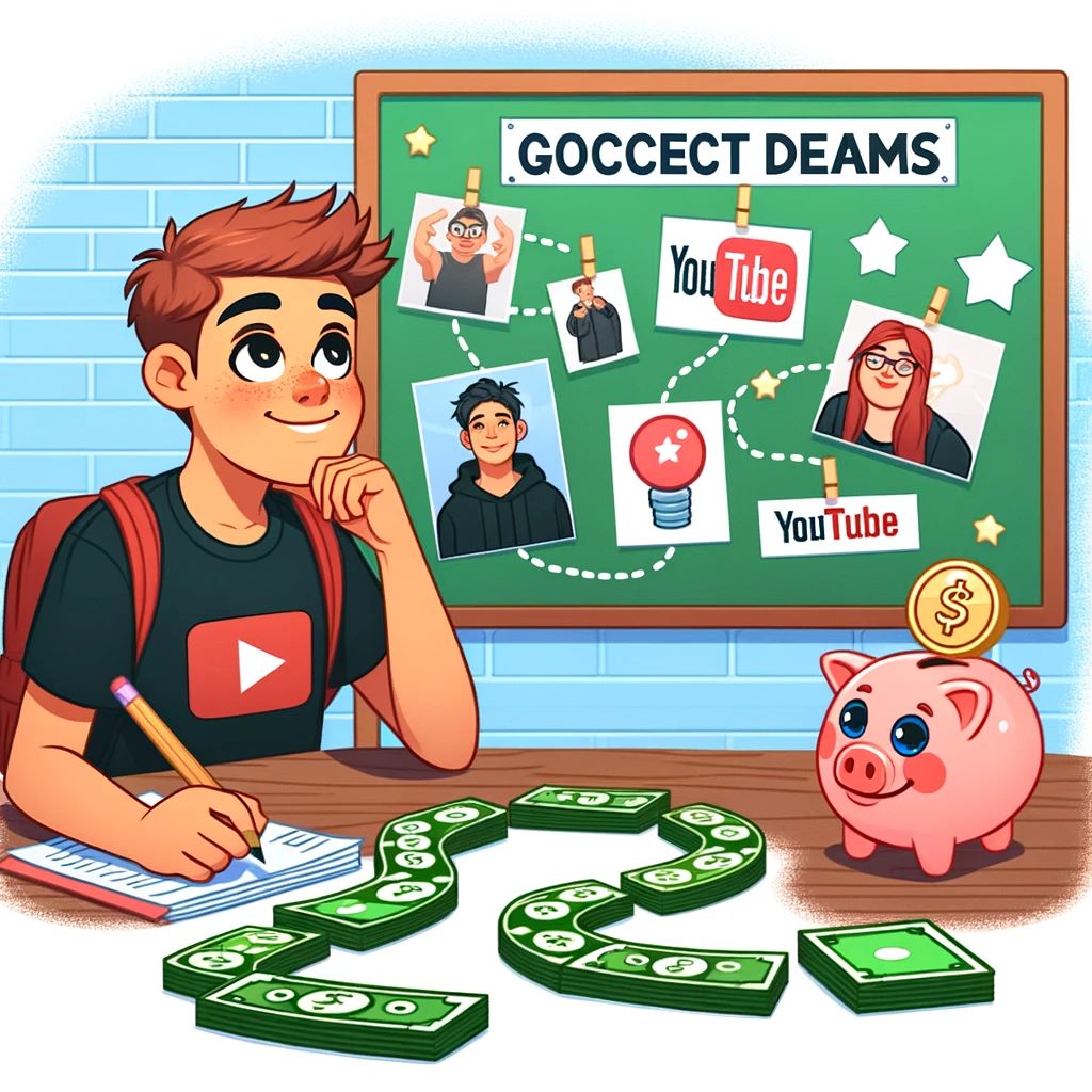 DALLE 2024 01 25 22.50.02 A cartoon image of a high school student looking at a vision board with pictures representing their dreams becoming a YouTube star and owning a robot